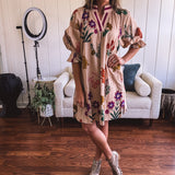 Tan Whimsical Bold Floral A Line Dress