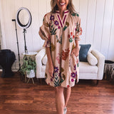 Tan Whimsical Bold Floral A Line Dress