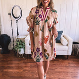 Tan Whimsical Bold Floral A Line Dress