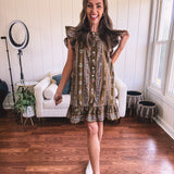 Mocha Bloom Floral Button Flutter Sleeve Dress
