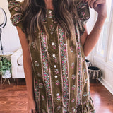 Mocha Bloom Floral Button Flutter Sleeve Dress