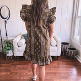 Mocha Bloom Floral Button Flutter Sleeve Dress