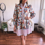 Dusty Floral Stripe Trim Flutter Hem Dress