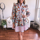 Dusty Floral Stripe Trim Flutter Hem Dress