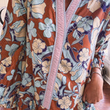Dusty Floral Stripe Trim Flutter Hem Dress