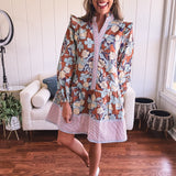 Dusty Floral Stripe Trim Flutter Hem Dress