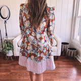 Dusty Floral Stripe Trim Flutter Hem Dress