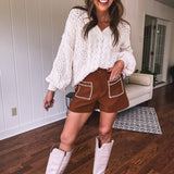 Brown Embroidered Pocket Shorts