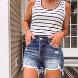 Medium Wash High Rise Distressed Shorts