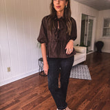 Red Brown Leo Tie Front Peplum Top