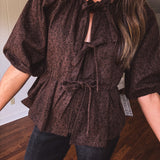 Red Brown Leo Tie Front Peplum Top