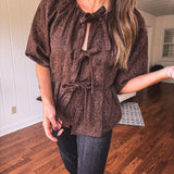 Red Brown Leo Tie Front Peplum Top