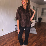 Red Brown Leo Tie Front Peplum Top