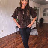 Red Brown Leo Tie Front Peplum Top
