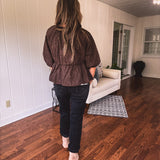 Red Brown Leo Tie Front Peplum Top