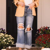 High Rise Medium Wash Distressed Wide Leg Dad Jeans