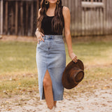 Light Denim Open Slit Midi Skirt