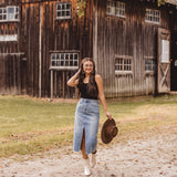 Light Denim Open Slit Midi Skirt