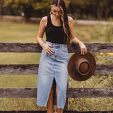 Light Denim Open Slit Midi Skirt