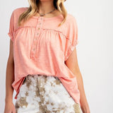 Coral Washed Button Down Slub Top