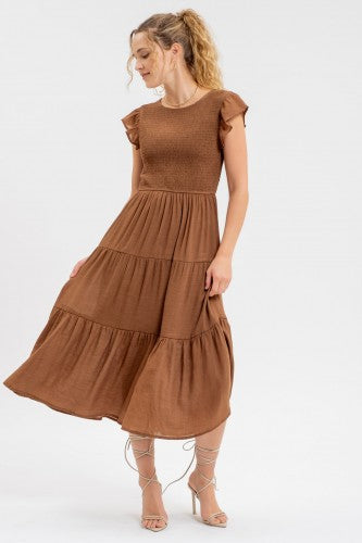 Brown Smocked Tiered Midi Dress The Red Raccoon Brown Smocked Tiered Midi Dress The Red Raccoon