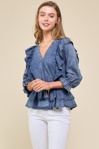 denim ruffle blouse