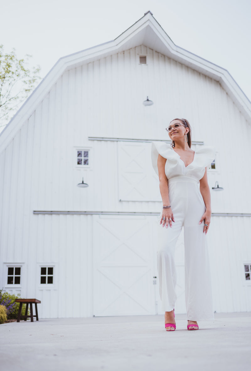 White Luxe Jumpsuit with Zipper Back + Puff Sleeve