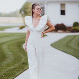 White Luxe Jumpsuit with Zipper Back + Puff Sleeve