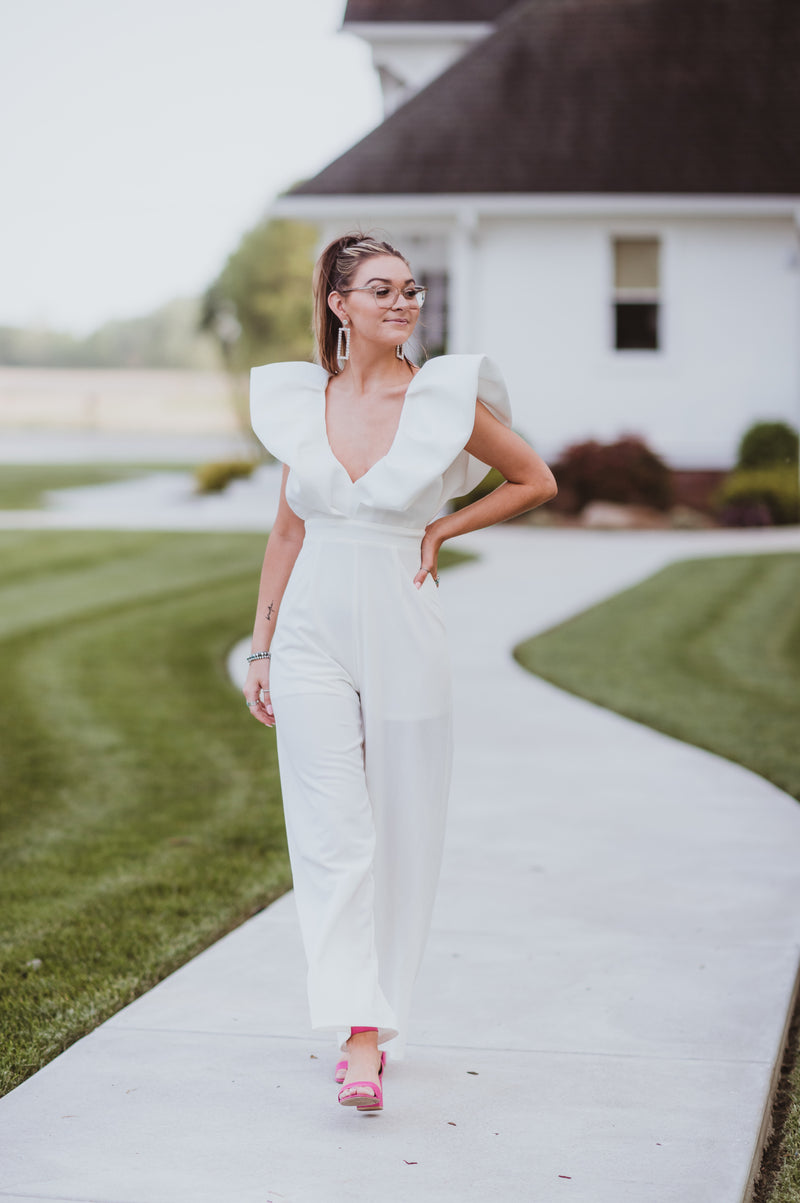 White Luxe Jumpsuit with Zipper Back Puff Sleeve