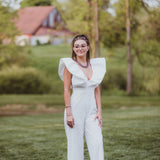 White Luxe Jumpsuit with Zipper Back + Puff Sleeve