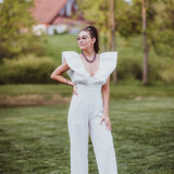 White Luxe Jumpsuit with Zipper Back + Puff Sleeve