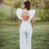White Luxe Jumpsuit with Zipper Back + Puff Sleeve