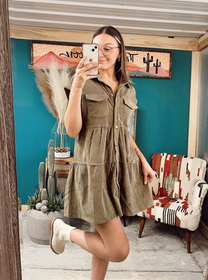 Olive Corduroy Button Front Tiered Dress