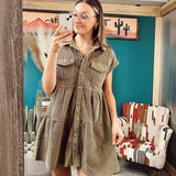 Olive Corduroy Button Front Tiered Dress