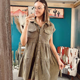 Olive Corduroy Button Front Tiered Dress