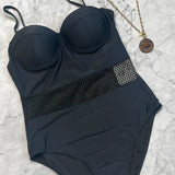 Black Mesh Inset Adjustable Strap One Piece Swim