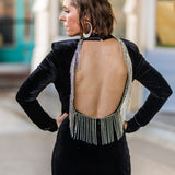 Black Velvet Waterfall Rhinestone Back Dress