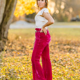Fuchsia High Waist Flare Velvet Pants