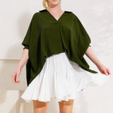 V Neck Oversize Placket Dolman with Collar