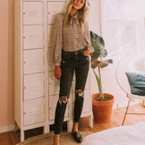 Distressed Black Stretch Mom Jean