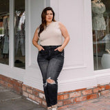 Distressed Black Stretch Mom Jean