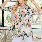 Aqua Floral Roll Up Sleeve Blouse