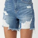 Medium Wash High Rise Distressed Mid Thigh Shorts