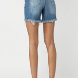 Medium Wash High Rise Distressed Mid Thigh Shorts