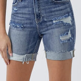 Medium Wash High Rise Cuffed Distressed Shorts