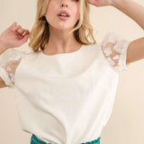 White Top with Fluffy Floral Sleeve