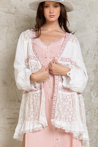 Off White Blush Mix Double Gauze and Lace Cardigan