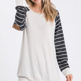 Taupe Pullover with Stripe Contrast Sleeve
