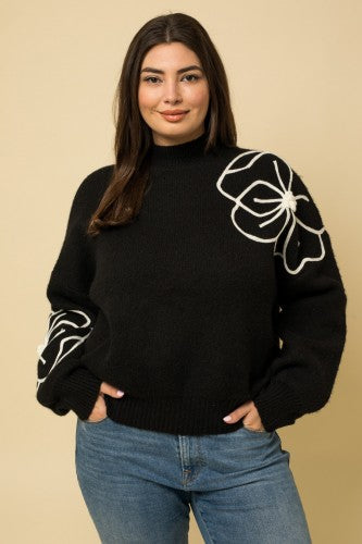 Black Sweater with White Flower Embroidery The Red Raccoon