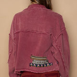 Burgundy Zippered Fray Hem Jacket